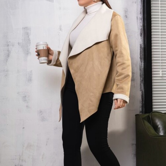 Plus Khaki Tan Vegan Suede Open Front Waterfall Jacket - Picture 2 of 4